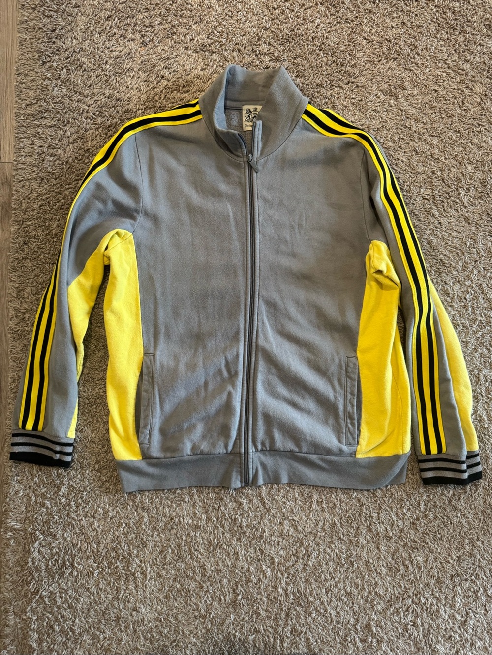 Juicy Couture Gray Zip-Up Track Jacket with Yellow Panels and Black Stripes